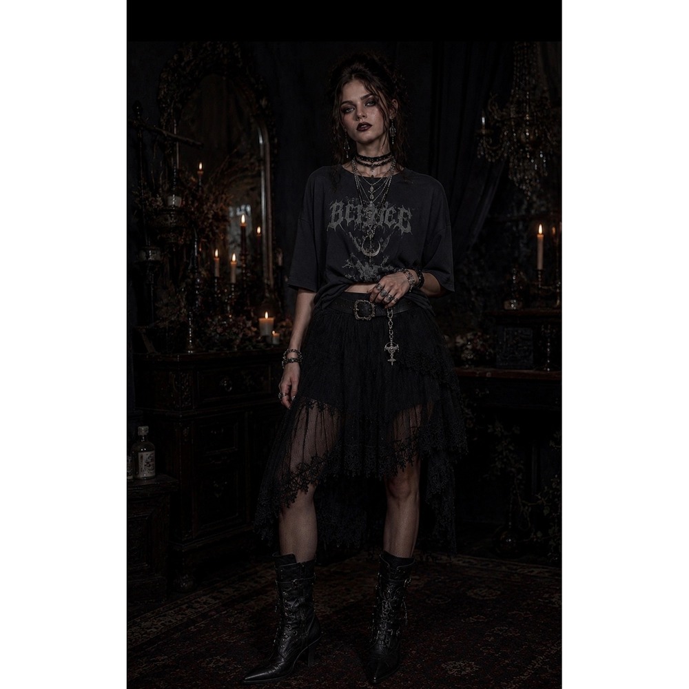 Charades Womens Black Mesh Skirt Lace Trim One Size Whimsigoth Witchy Grunge